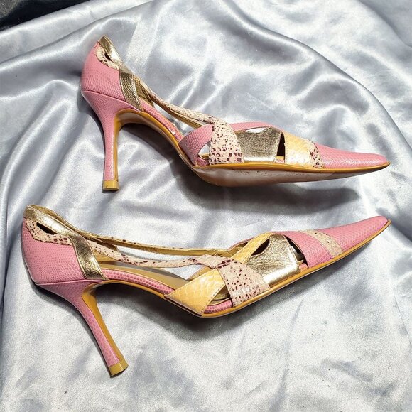 BAKERS pink gold iridescent snakeskin strappy cut out pointy toe heels THALIA - Picture 4 of 5